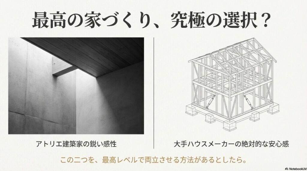 アトリエ建築家の鋭い感性と大手ハウスメーカーの絶対的な安心感を、最高レベルで両立させる方法を提示するアイキャッチ画像