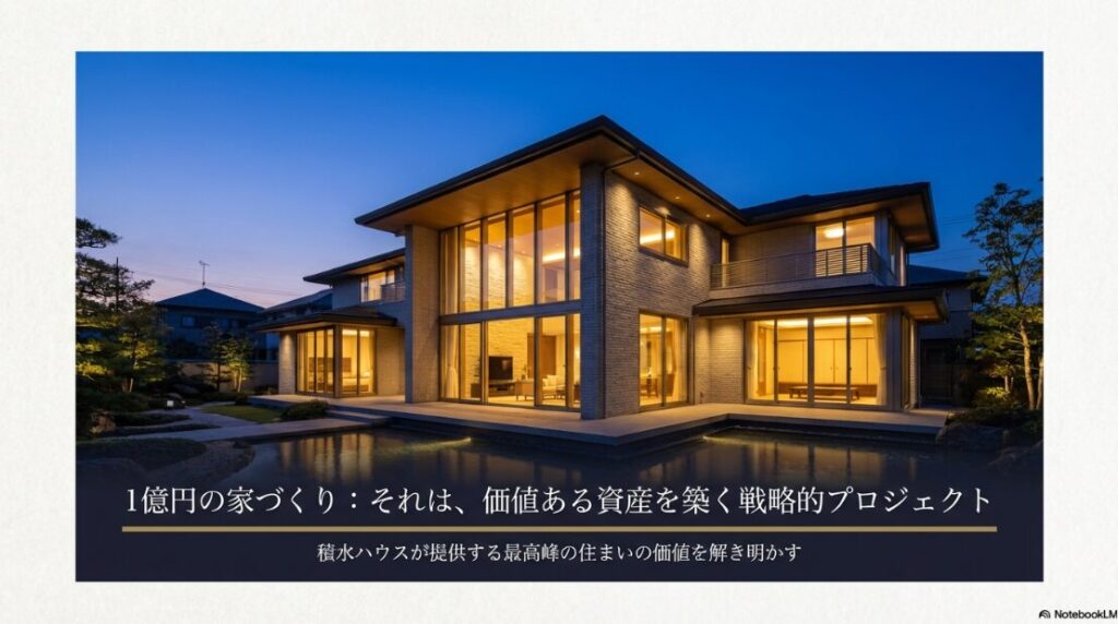 夜のライトアップが美しい邸宅の外観と「1億円の家づくり：それは、価値ある資産を築く戦略的プロジェクト」の文字