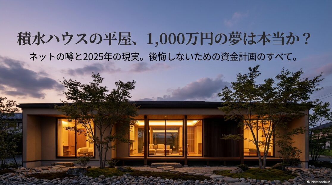 積水ハウスの平屋を1,000万円で建てられるかという疑問と、2025年の現実を解説するスライドの表紙。