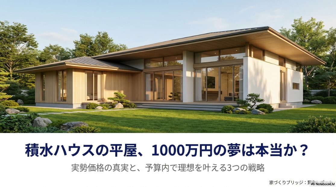 積水ハウスのモダンな平屋の外観と「1000万円の夢は本当か？」というキャッチコピー。最新の実勢価格と予算内で理想を叶える戦略を解説するアイキャッチ画像。
