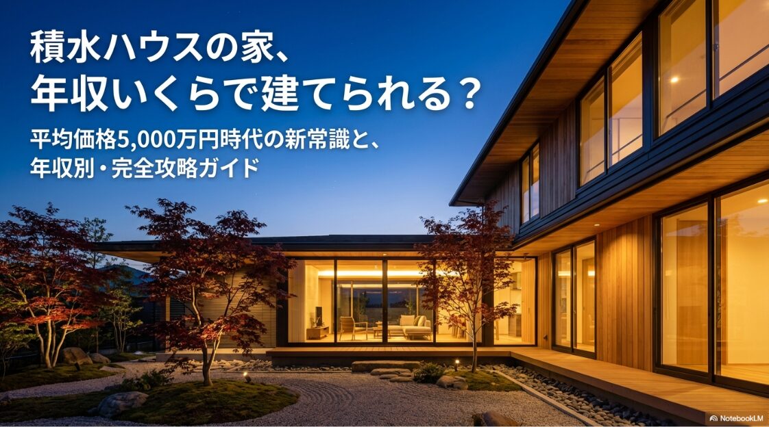 積水ハウスの家は年収いくらで建てられるのかを解説する、平均価格5,000万円時代の年収別完全攻略ガイドの表紙スライド 。
