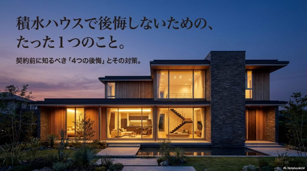 積水ハウスの豪華な邸宅の外観写真。メインタイトル「積水ハウスで後悔しないための、たった1つのこと。」