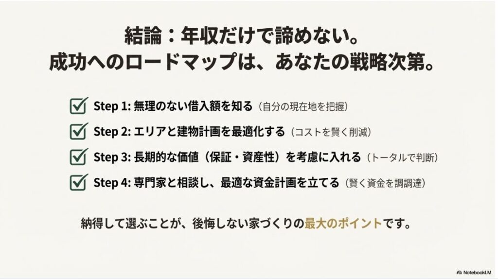 無理のない借入額の把握から専門家への相談まで、納得して後悔しない家づくりを進めるための4ステップをまとめた結論スライド 。