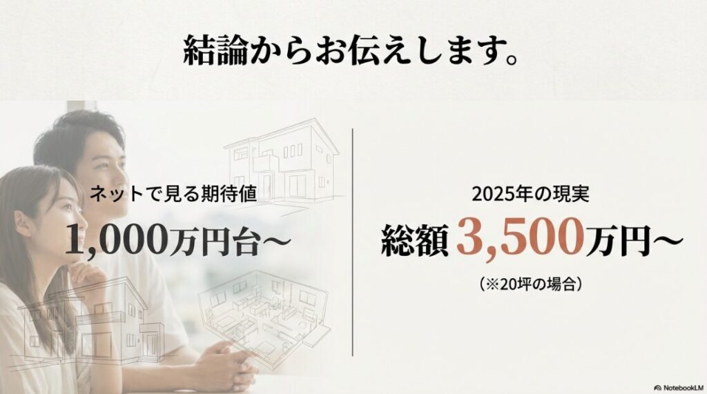 ネットで見る1,000万円台という期待値に対し、2025年の現実は20坪で総額3,500万円以上かかることを示す比較。