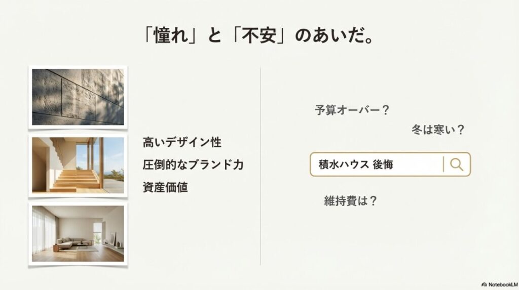 デザイン性などの「憧れ」と、予算・寒さ・維持費などの「不安」のキーワードを対比させた図解スライド