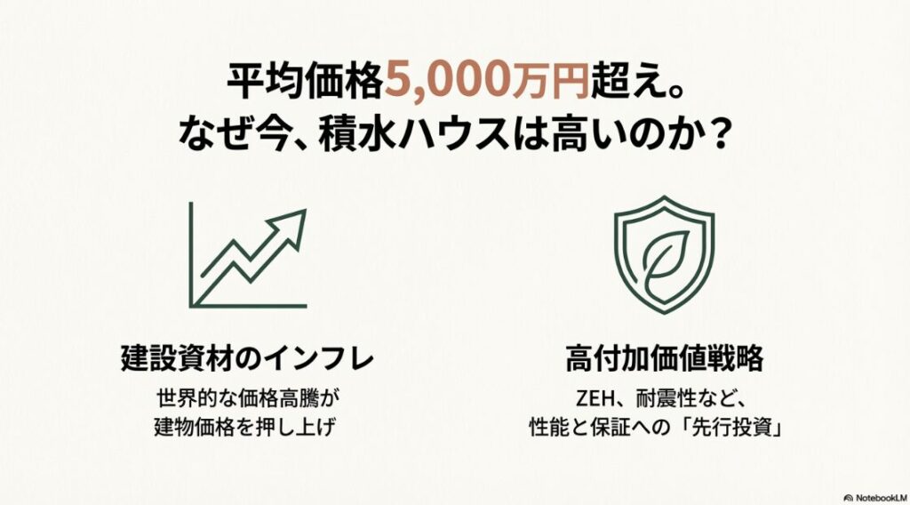 建設資材のインフレと、ZEHや耐震性向上などの高付加価値戦略への先行投資により、積水ハウスの平均価格が5,000万円を超えている理由を説明する図解