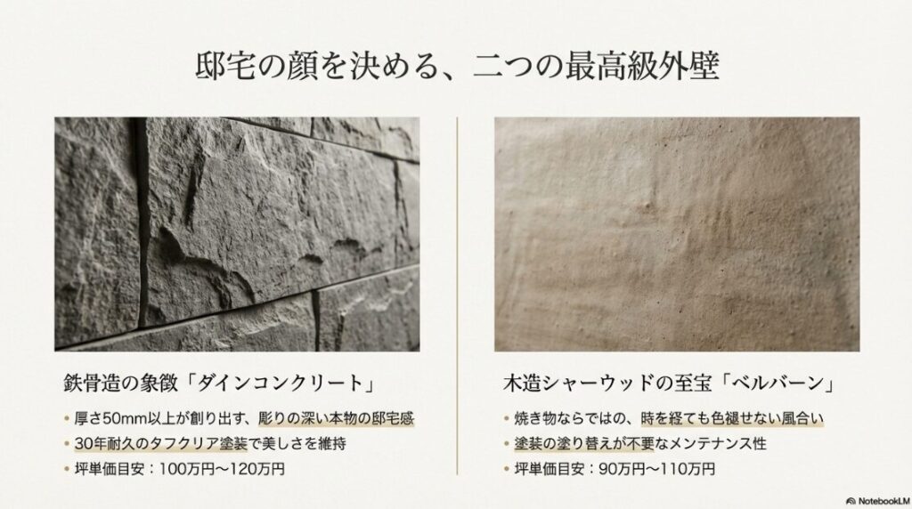 ダインコンクリートとベルバーンのテクスチャ写真。それぞれの特徴と坪単価目安（100-120万円／90-110万円）の比較