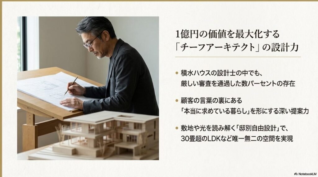 熟練の設計士が図面を引く姿と、「厳しい審査を通過した数パーセントの存在」などの説明文