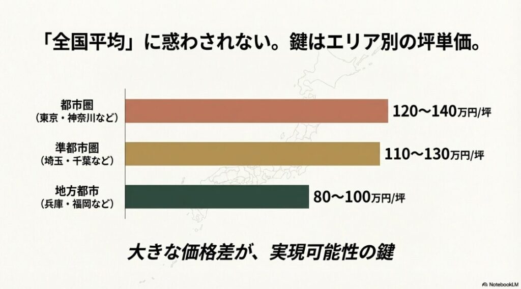 都市圏（120〜140万円）、準都市圏（110〜130万円）、地方都市（80〜100万円）といったエリア別の坪単価の差と、それが実現の鍵であることを示す資料 。