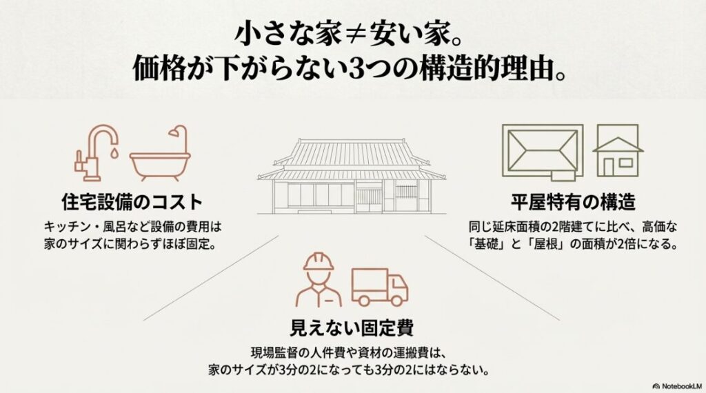 住宅設備のコスト固定、平屋特有の基礎・屋根面積の増加、見えない固定費という、価格が下がりにくい3つの理由の図解。