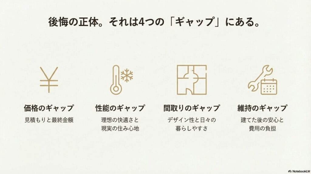 価格、性能、間取り、維持という、家づくりにおける理想と現実のギャップを示す4つのアイコン画像