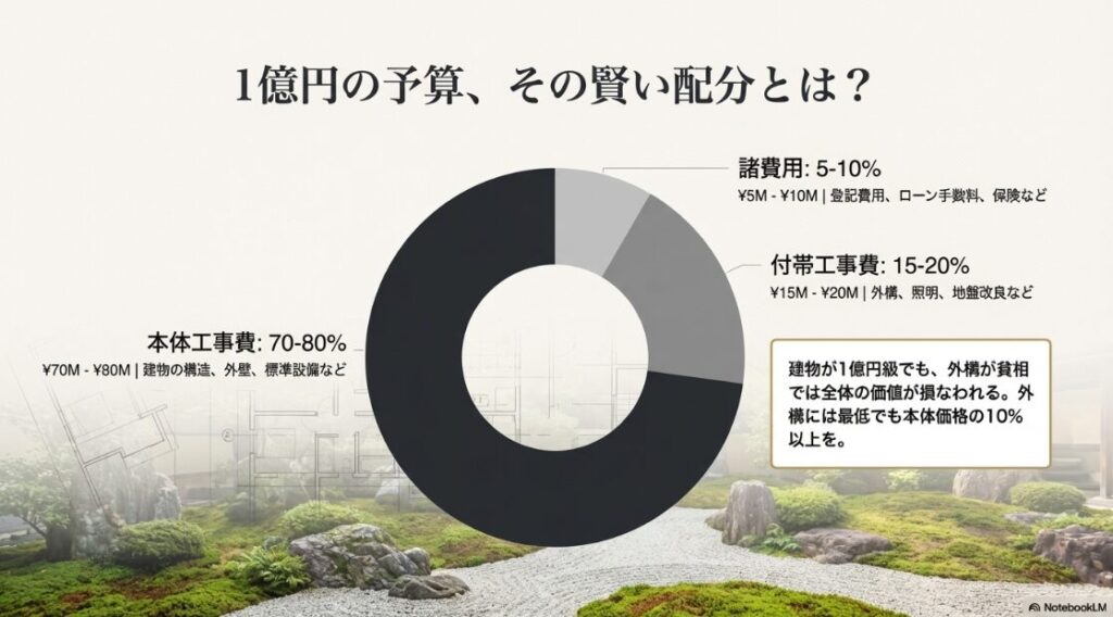 本体工事費(70-80%)、付帯工事費(15-20%)、諸費用(5-10%)の比率を示す円グラフと外構予算の重要性