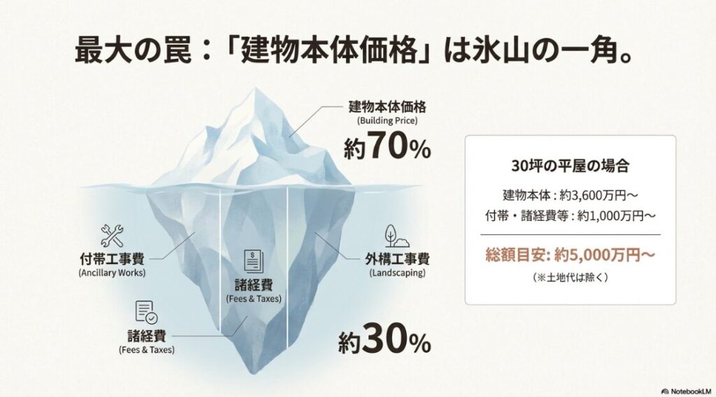 建物本体は約70%に過ぎず、残りの30%を付帯工事や諸経費が占めることを示す氷山のイラストと、30坪の総額目安。