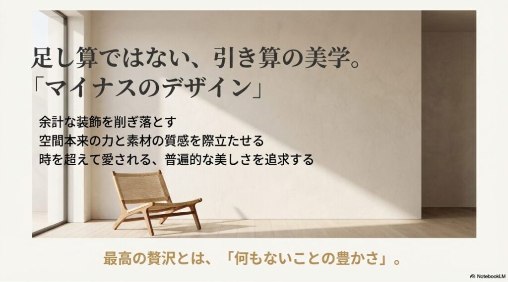 余計な装飾を削ぎ落とし、空間本来の力や素材の質感を際立たせる積水ハウスの設計哲学「マイナスのデザイン」を解説するスライド