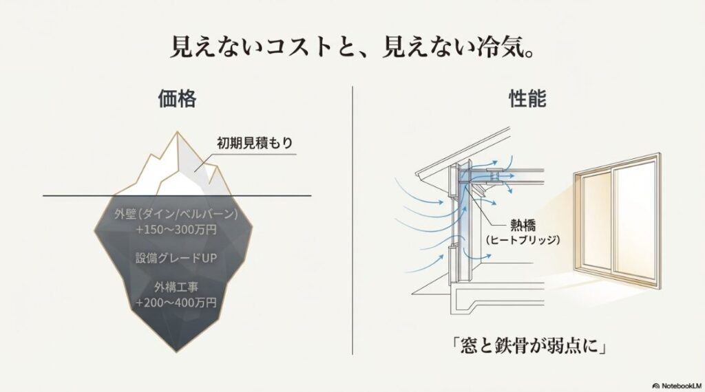 表面化しにくい外構費や外壁費を氷山で例えた図と、鉄骨の弱点である熱橋（ヒートブリッジ）の仕組みを解説した図