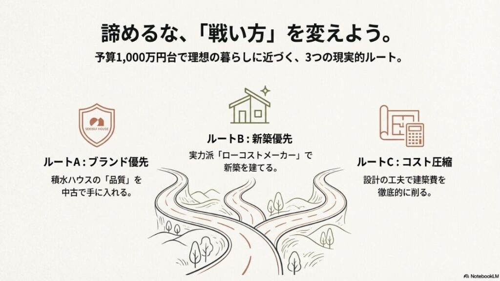 中古積水ハウス、ローコスト新築、設計工夫という、予算1,000万円台で理想に近づくための3つの選択肢。