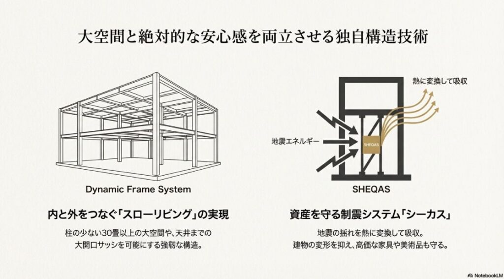 ダイナミックフレーム・システムの図解と、地震動を熱に変換して吸収するシーカス（SHEQAS）の仕組み