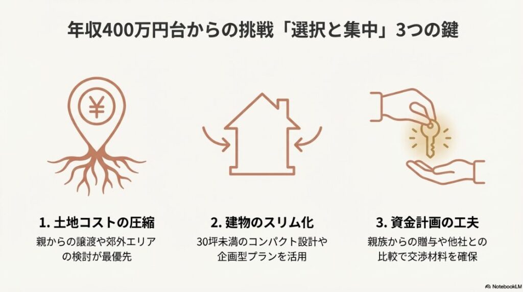 年収400万円台で積水ハウスを実現するための「1.土地コストの圧縮、2.建物のスリム化、3.資金計画の工夫」を解説する図解 。
