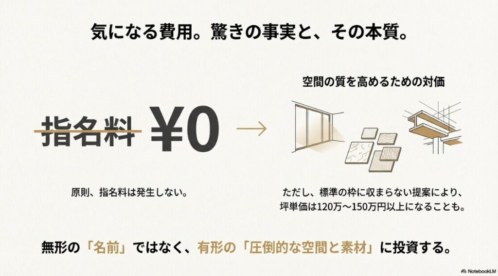 指名料が原則無料である一方で、標準外の提案により坪単価が120万〜150万円以上になる実態と、有形の資産に投資する考え方を示したスライド