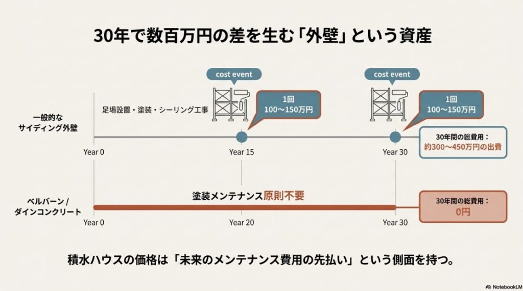 一般的なサイディング外壁と積水ハウスのベルバーン・ダインコンクリートの30年間メンテナンス費用比較グラフ
