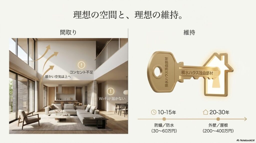 吹き抜けの寒さやWi-Fi遮断などの注意点と、30年後までの防蟻・外壁・屋根メンテナンス費用の推移を示した図