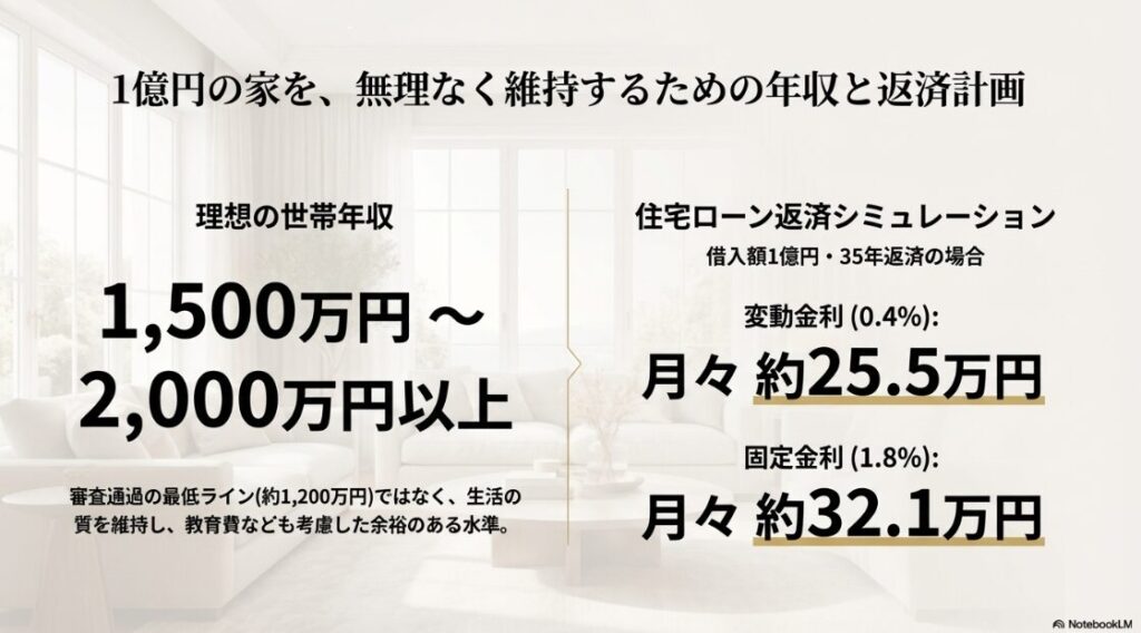 理想の世帯年収（1,500万〜2,000万円以上）と、35年返済時の月々返済額（変動25.5万円／固定32.1万円）