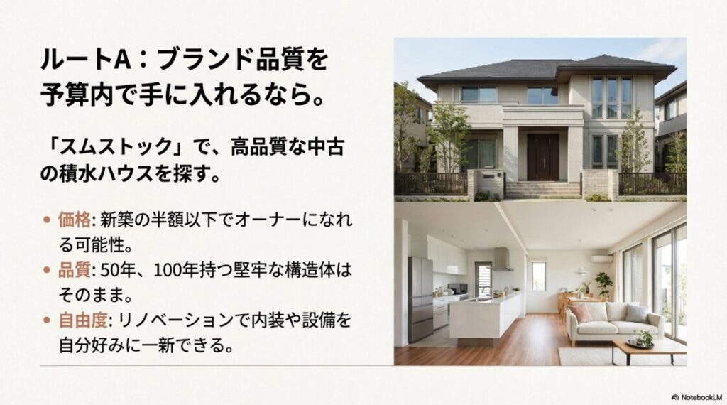 高品質な積水ハウスの中古物件をスムストックで探し、新築の半額以下でオーナーになるメリットの説明。