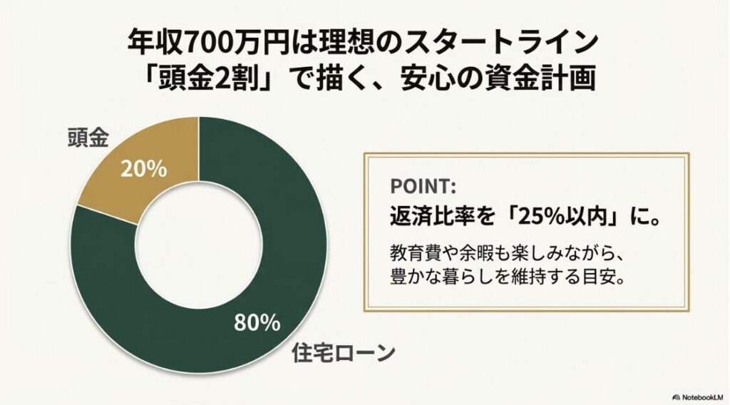 頭金2割を用意し返済比率を25%以内に抑えることで、教育費や余暇を楽しみながら豊かな暮らしを維持する資金計画の目安を示すグラフ 。