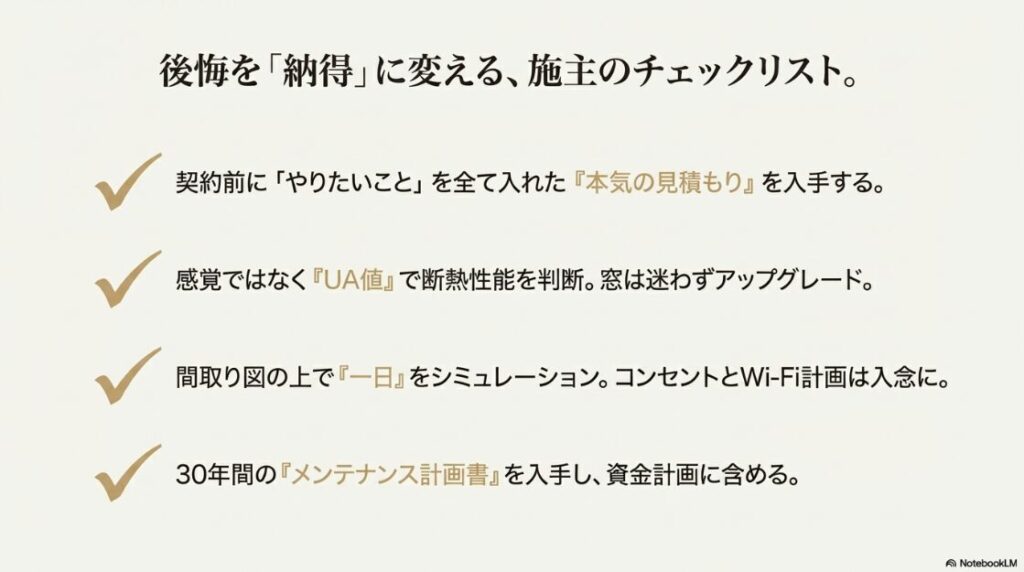本気の見積もり入手、UA値での判断、生活シミュレーション、メンテナンス計画書入手を推奨するチェックリスト