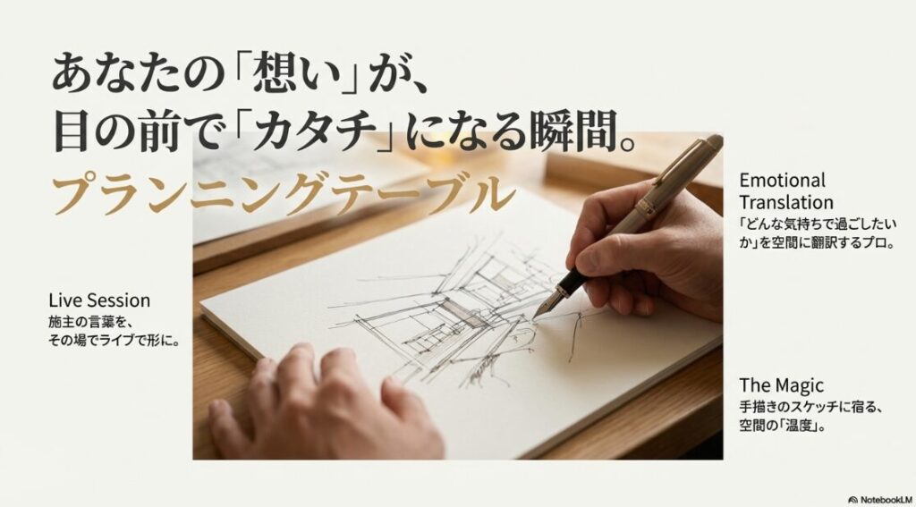 施主の言葉をライブで図面に翻訳し、手描きスケッチに宿る空間の「温度感」を伝えるプランニングテーブルを表現したスライド