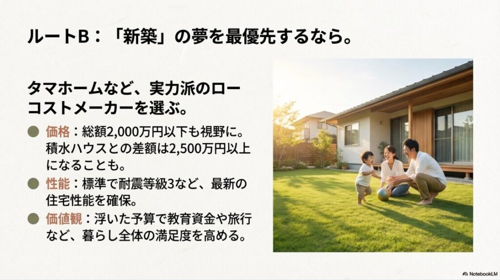 タマホーム等を選び、総額2,000万円以下で最新性能の平屋を建て、生活全体の満足度を高める考え方の紹介。