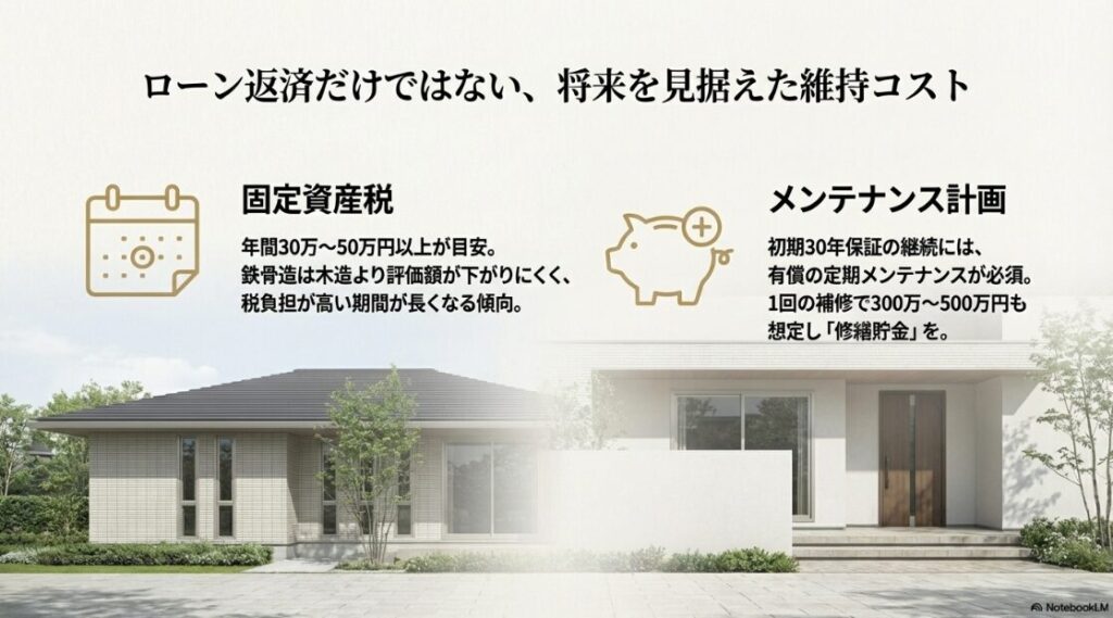 固定資産税（年間30万〜50万円以上）と、将来の有償メンテナンス（300万〜500万円）への備え