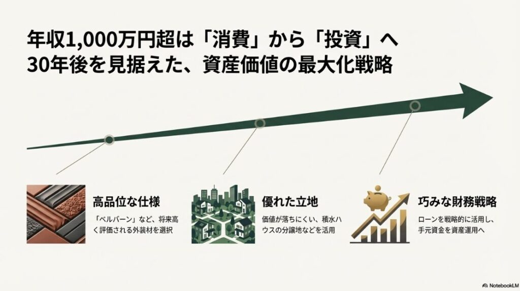 ベルバーンなどの高品位仕様、優れた立地の活用、巧みな財務戦略により、30年後を見据えて家を「投資」として捉える戦略の図解 。