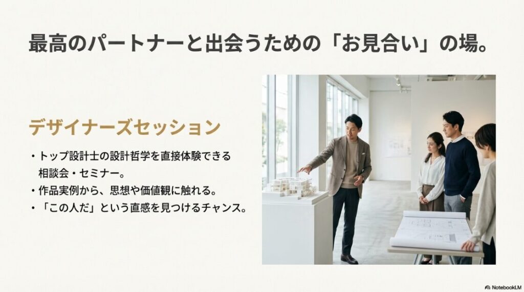 トップ設計士の設計哲学を直接体験できる相談会「デザイナーズセッション」の概要と、作品実例から思想や価値観に触れるメリットを解説するスライド