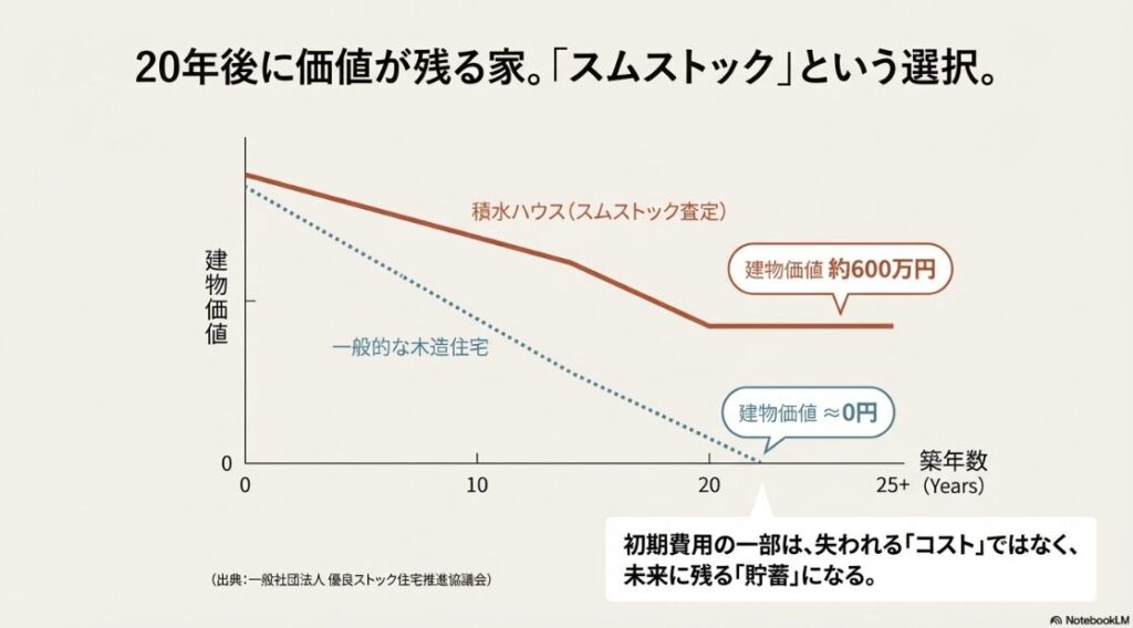 一般的な木造住宅と積水ハウス（スムストック）の築20年後の資産価値比較グラフ。約600万円の差。