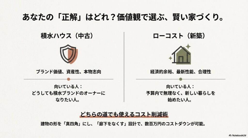 中古積水と新築ローコストの比較に加え、真四角な形状と廊下をなくす設計で数百万円のコストを削る方法の解説。