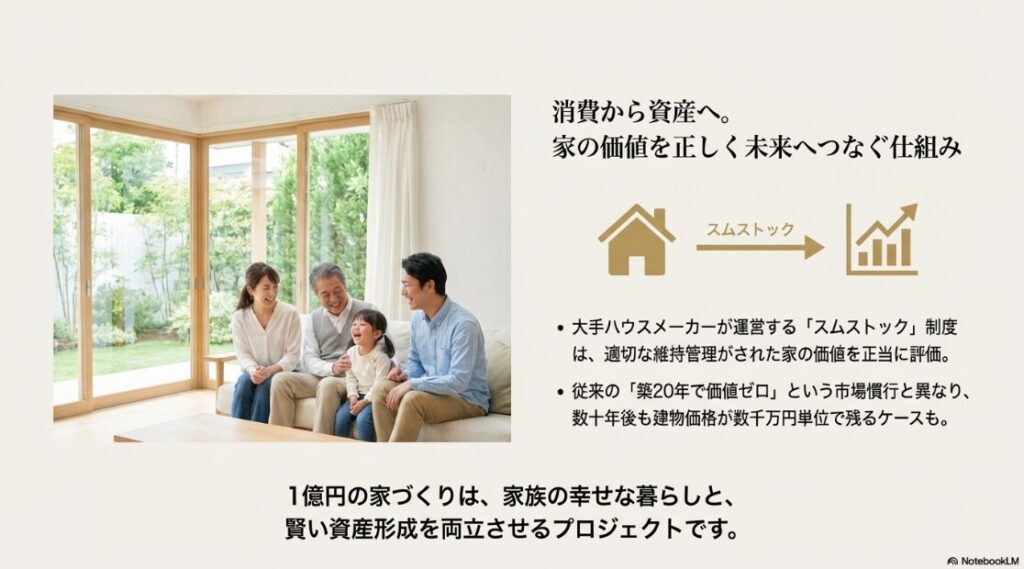 家族の団らん写真と、数十年後も建物の価値を正当に評価して残す「スムストック」制度の解説