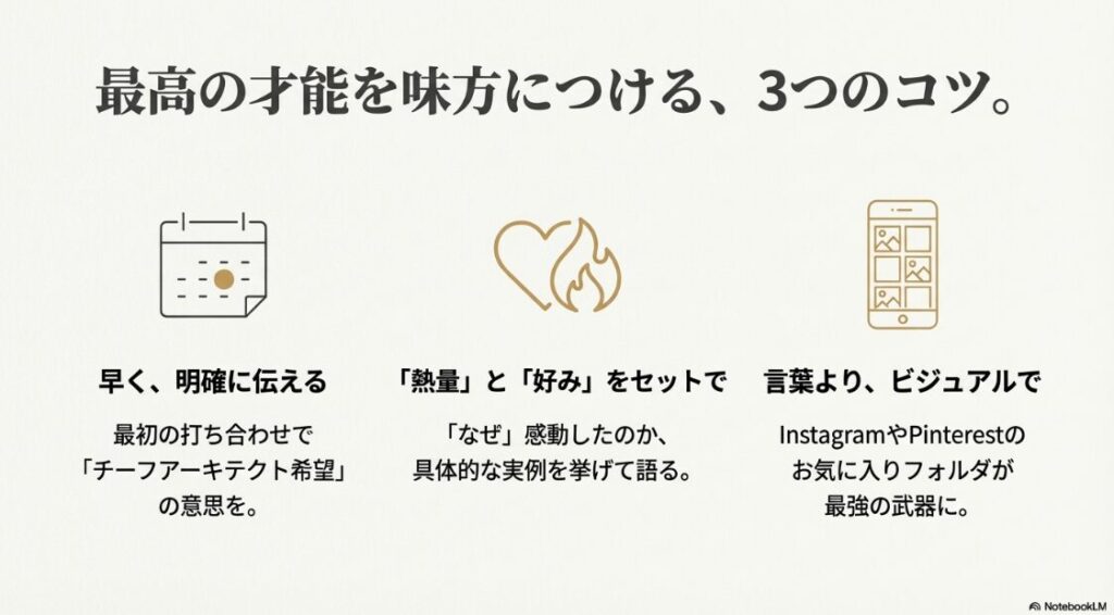 最初の打ち合わせでの意思表示や、SNSを活用して熱量と好みを具体的に伝えるなど、トップ設計士を味方につけるためのコツをまとめたスライド