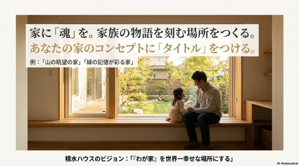 我が家のコンセプトにタイトルをつける重要性と、積水ハウスのビジョン「わが家を世界一幸せな場所にする」を記したスライド