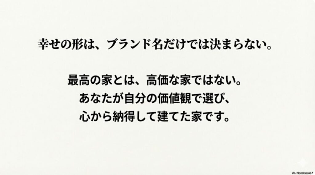 最高の家とは高価な家ではなく、自分の価値観で選び、納得して建てた家であるというメッセージ 。