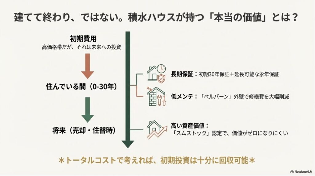 初期30年保証、ベルバーンによる低メンテナンス、スムストック認定による高い資産価値など、トータルコストで初期投資を回収できる仕組みの解説 。