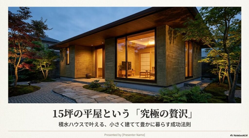 積水ハウスで建てる15坪の平屋をテーマにした表紙画像。夜のライトアップが美しい和モダンな平屋の外観写真。