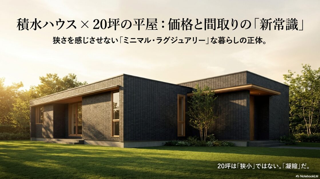 積水ハウスのモダンな20坪平屋の外観写真と共に、「狭小ではなく凝縮」というコンセプトを伝えるアイキャッチ画像