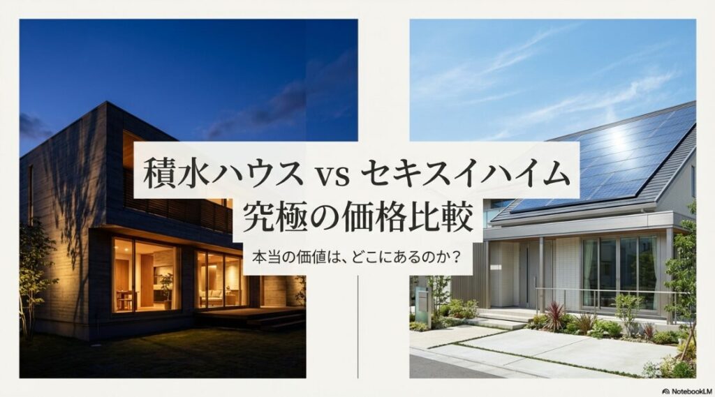 積水ハウスとセキスイハイムの外観写真を左右に並べ、「積水ハウス vs セキスイハイム 究極の価格比較｜本当の価値は、どこにあるのか？」と中央に書かれたメインビジュアルスライド。
