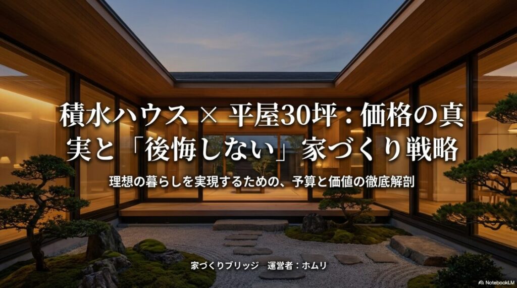積水ハウスの平屋30坪に関する価格の真実と戦略を解説する表紙スライド。理想の暮らしを実現するための予算と価値の徹底解剖について記載されている 。