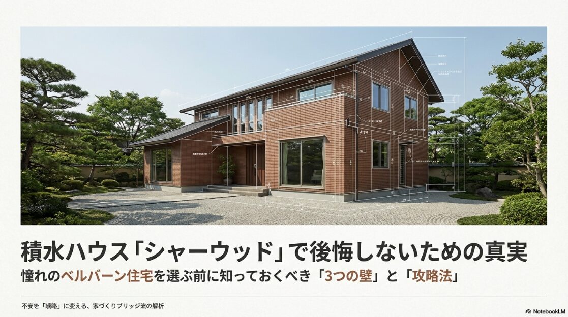 積水ハウスの木造住宅シャーウッドの外観写真。ベルバーン住宅を選ぶ前の「3つの壁」と「攻略法」という文字が記載されたアイキャッチ画像 。