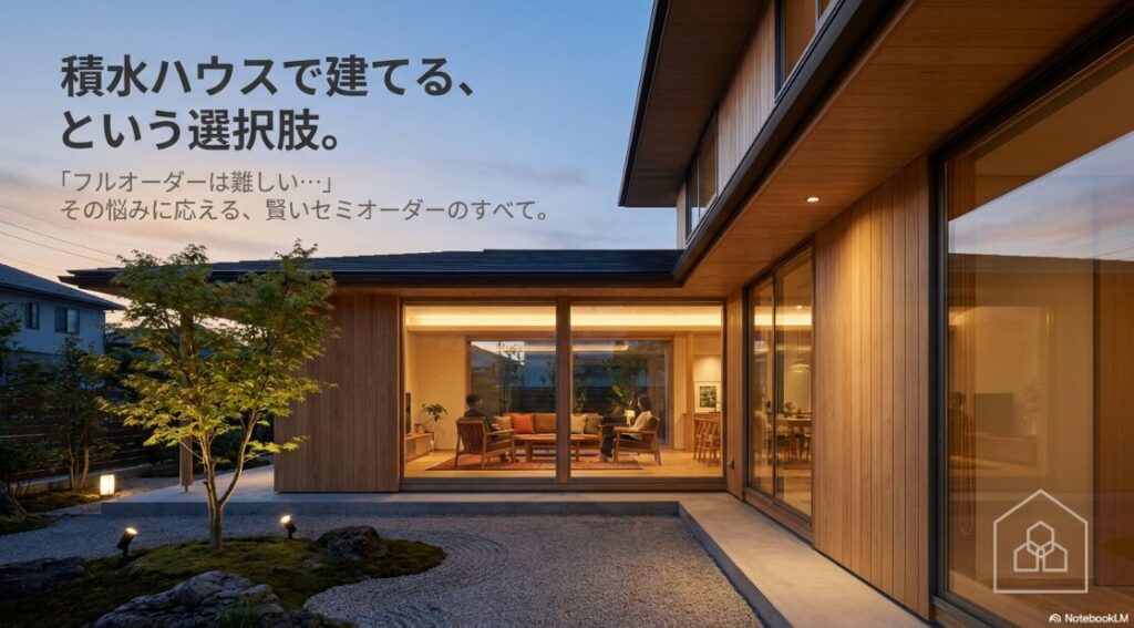 「積水ハウスで建てる、という選択肢。」「『フルオーダーは難しい･･･』その悩みに応える、賢いセミオーダーのすべて。」というテキストが入った、平屋の施工例画像 。