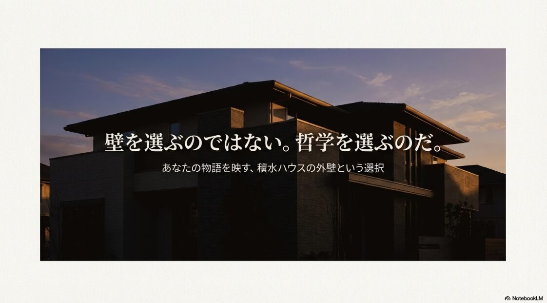 「壁を選ぶのではない。哲学を選ぶのだ。あなたの物語を映す、積水ハウスの外壁という選択」というキャッチコピーが書かれたブランドイメージ画像 。