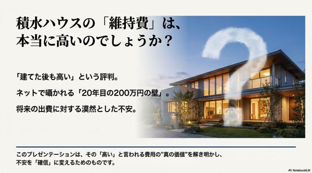 積水ハウスの美しい邸宅に「維持費は本当に高いのか？」という問いかけと、20年目の200万円の壁、不安を確信に変えるという趣旨が記された導入スライド。