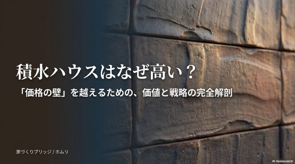 積水ハウスの「価格の壁」を越えるための、価値と戦略の完全解剖というタイトルのスライド。背景には重厚感のあるベルバーン外壁のテクスチャ。